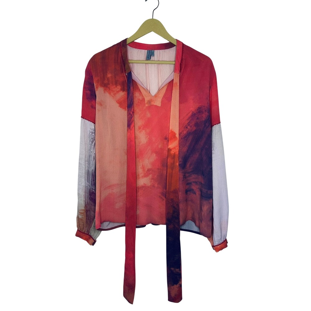 Blank London Tie Neck Blouse Womens Medium Red Abstract workwear artsy